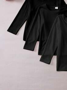 SHEIN 女童休闲宽松纯色圆领长袖T恤，经典舒适，适合旅行，时尚百搭，春秋季长袖黑色上衣3件装，黑色上衣，儿童基础款上衣，女童黑色上衣 - 黑色 - 查看 6