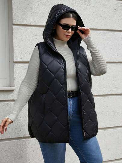 EURMUSE Plussize Quilted Fabric Hooded Metal Look Zippered Puffer Vest, For Winter