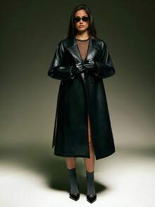 Denimoi Women's Street Style Distressed PU Leather Trench Coat - Black - View 5