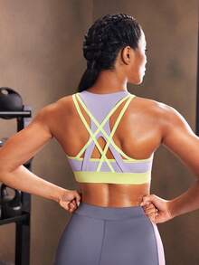 Powerista Women's Contrast Color Criss-Cross Back Zipper Front Sports Bra