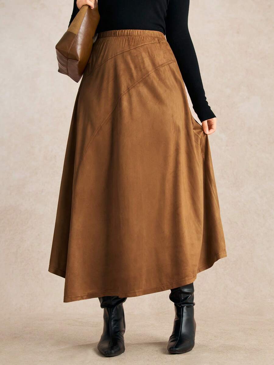 EMERY ROSE Plus Size Women's New Elegant Vintage Suede Asymmetrical Hem High Waist A-Line Skirt - Brown - View 1
