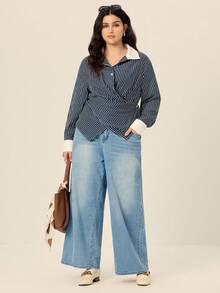 Juhart 大码女式优雅通勤蓝色条纹拼布白领单排扣长袖修身衬衫，春/秋 - 彩色 - 查看 3