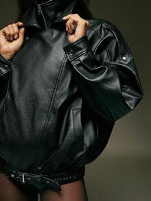 Denimoi Women's Fashionable Street Style Stand Collar Loose Jacket, Autumn - Black - View 7