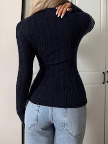SHEIN EZwear 女式休闲百搭海军蓝V领粗针织长袖毛衣，秋冬 - 藏蓝色 - 查看 2