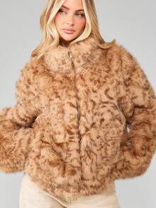 MISSGUIDED 奢华人造毛皮拉链夹克冬季外套短款立领大衣 - 白色 - 查看 5