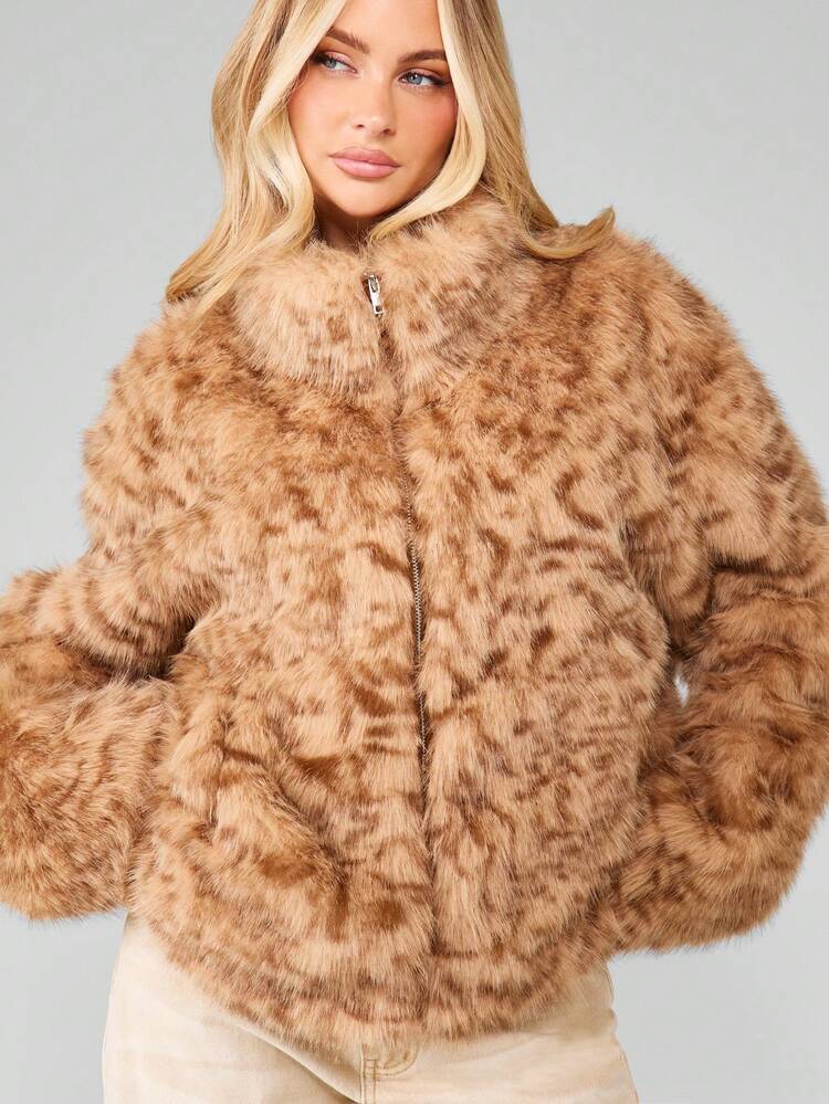 MISSGUIDED Giacca corta con cerniera in pelliccia sintetica