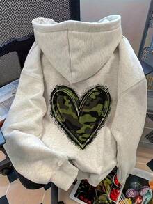 EMERY ROSE 女士迷彩心形印花露肩长袖休闲宽松连帽卫衣秋季女装