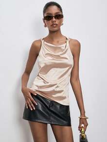 ATUI Studio Women's Solid Color Draped Neck Sleeveless Fashionable Elegant Summer Top - Apricot - View 1