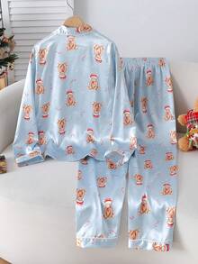 2 件套青少年女孩熊图案长袖领开衫和休闲裤舒适家居服 - 彩色 - 查看 2