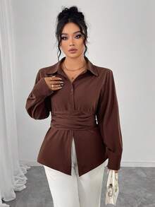 SHEIN Elenzya Plus Size Cinched Waist Bow Back Elegant Warm Color Blouse For Commuting, Autumn/Winter - Coffee Brown - View 7