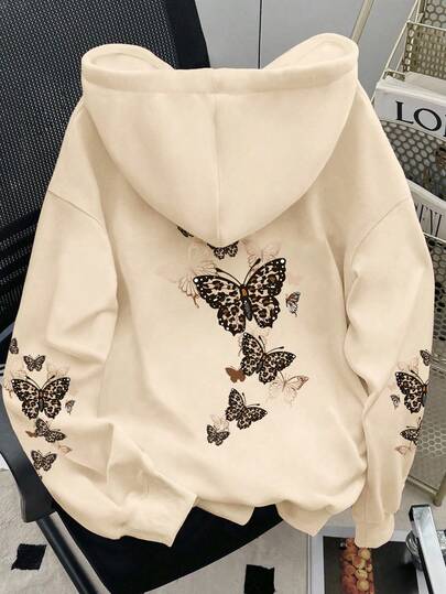 Resyla Felpa con cappuccio da donna con stampa leopardata e motivo a farfalla, stile di moda da strada