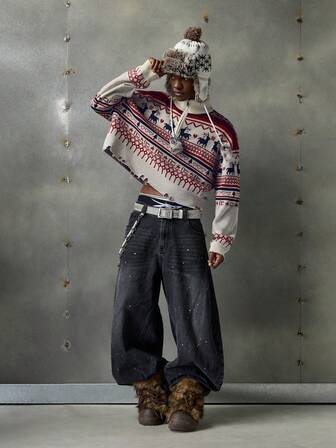 NEON BLANC Men's Fashionable Casual Elk Deer Pattern Half-Zip Pullover Sweater, For Fall Winter, Christmas