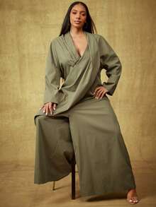 Vixey Bộ đồ liền thân ống rộng tay dài bằng vải satin mềm mại, bồng bềnh - Màu xanh Ô liu - Xem 2