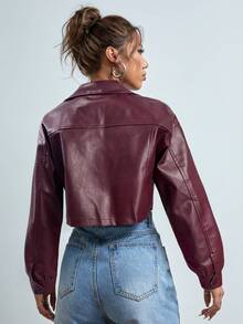 SHEIN EZwear 秋冬女装酒红色长袖落肩翻盖口袋短款PU夹克女秋冬外套 - 酒紅色 - 查看 2