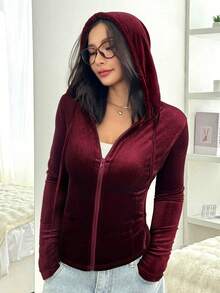 SHEIN EZwear 秋冬女装酒红色前拉链长袖简约休闲天鹅绒修身连帽外套 - 酒紅色 - 查看 7