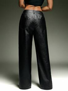 Denimoi Straight Leg Ankle Slit Button Detail Faux Leather Pants Fashionable For Fall And Winter GNO - Black - View 6