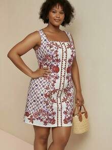 CAJUNI 加大码花卉印花方领裹腰 H 型短款连衣裙，加大码女装，加大码白色连衣裙，加大码 - 彩色 - 查看 6