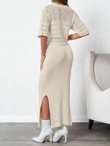 EURMUSE Women's Thick Knit Cardigan And Skirt Set With Metallic Button, Winter - Apricot - View 2