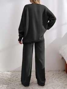 EURMUSE Drop Shoulder Cardigan & Tie Front Knit Pants - Dark Grey - View 2
