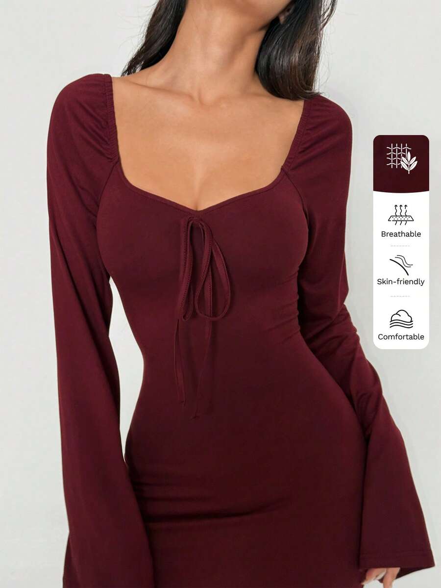 FavEase Đầm ôm sát cổ vuông tay loe, thường ngày cho mùa xuân và mùa thu - Màu Đỏ Sâu - Xem 1