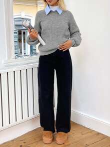 EURMUSE 女士休闲纯色简约日常针织圆领长袖毛衣 - 灰色 - 查看 5