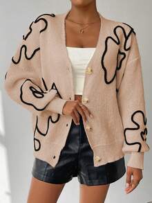 SHEIN LUNE Cardigan Wanita Lengan Panjang Leher V Elegan dengan Kancing Depan dan Bordir - Unta - View 3