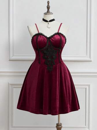 Goth Abito in velluto di taglia grande, colore tinta unita, design romantico vintage gotico in pizzo