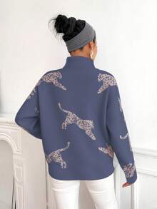 EMERY ROSE Women's Contrast Leopard Jacquard Turtleneck Loose Casual Pullover Sweater - Iron Gray - View 2