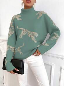 EMERY ROSE Women's Casual Everyday Leopard Pattern Turtleneck Sweater, Autumn/Winter - Mint Green - View 4