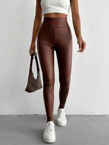 Solid High Waist PU Leggings - Brown - View 3
