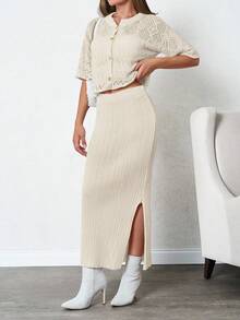 EURMUSE Women's Thick Knit Cardigan And Skirt Set With Metallic Button, Winter - Apricot - View 4