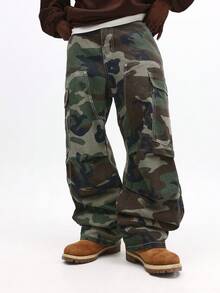 Quần jeans ống rộng SUMWON họa tiết rằn ri, nhiều túi, phong cách đường phố thường ngày. - xanh quân đội - Xem 1
