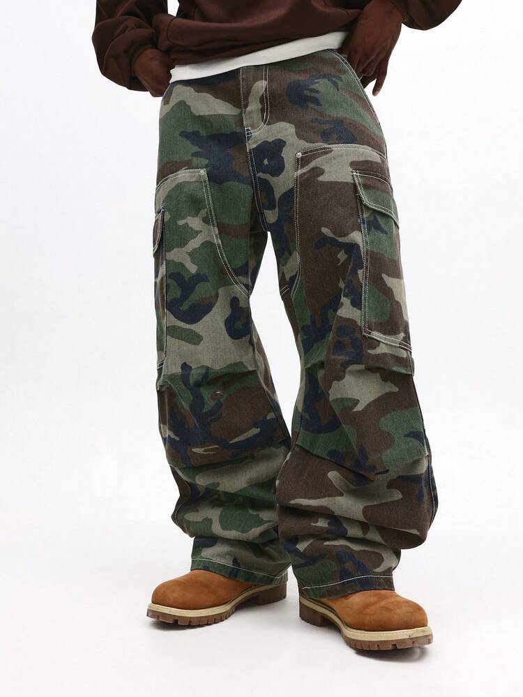 Wide Leg Camouflage Cargo Jeans With Pockets