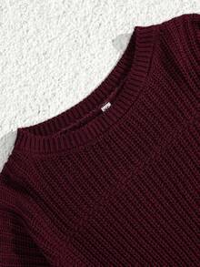 EURMUSE Petite Size Casual Rib Knit Crew Neck Women Sweater - Burgundy - View 4