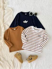 Playful Pals 3 件套男婴休闲可爱纯色条纹字母和飞机印花圆领长袖上衣，柔软舒适，百搭，适合室内外穿着，秋冬 - 彩色 - 查看 3