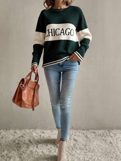 EURMUSE Casual Crew Neck Contrast Color Stripe CHICAGO Pattern Sweater,Jumper,Jumpers For Women,Cream Jumper,Jumpers,Christmas Jumper,White Jumper,Black Jumper,Ladies Jumper,Tall In Women,Women's Jumpers