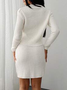 EURMUSE Women's 2 Pieces Waffle Textured Knit Set – Button-Up Cardigan And Fitted Mini Skirt In Soft Cream White Two Pieces Skirt Set 2 Pieces Skirt Set Blazer Skirt Set Two Pieces Set Women 2 Pieces Sets Woman Classy Knit Two Pieces Skirt Set,Co Ord,Winter Clothes - Cream - View 2