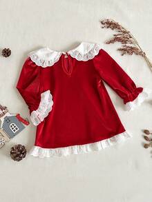 SHEIN Playful Pals Vestido de veludo manga longa para bebê menina outono/inverno, cor vermelha com gola e babados, adequado para ocasiões casuais, ao ar livre e festas