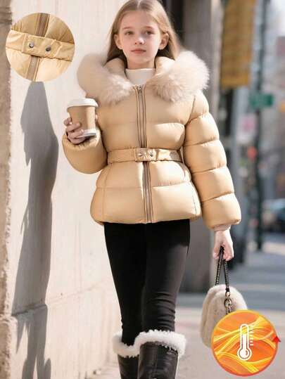 SHEIN Manteau matelassé à capuche épais et taille resserrée pour filles préadolescentes, convient pour un port casual au quotidien en automne/hiver
