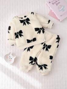 Cozy Pixies 女嬰 2 件組冬季抓絨服裝套裝，可愛米色秋季假日居家服，套頭毛衣與長褲保暖毛絨睡衣，附蝴蝶結 - 彩色 - 查看 5