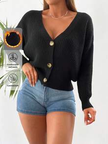 EURMUSE Drop Shoulder Button Front Cardigan - Black - View 1