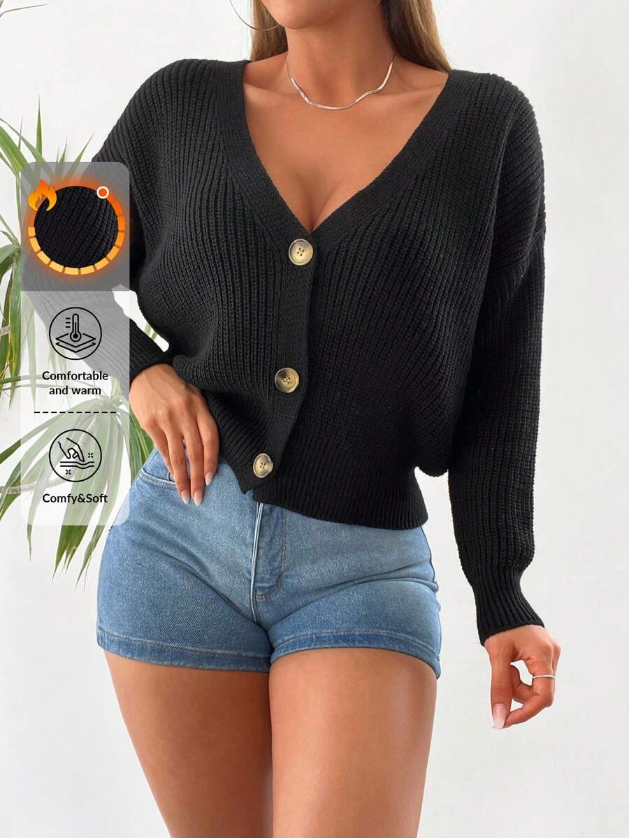 EURMUSE Drop Shoulder Button Front Cardigan - Black - View 1