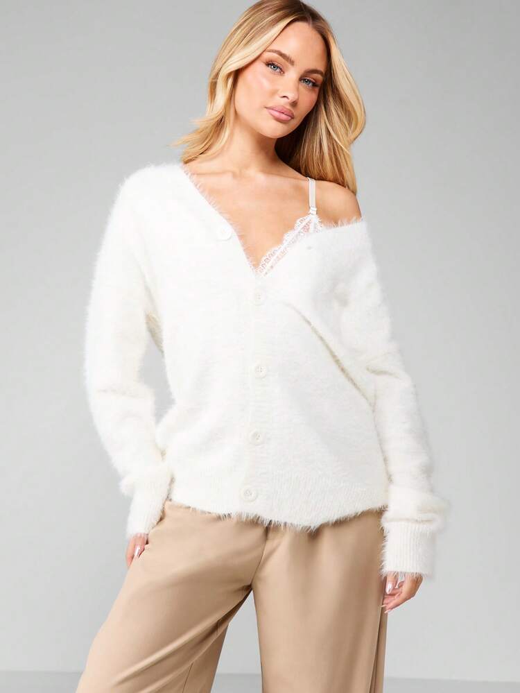 MISSGUIDED Fluffy Button Front Cardigan With V Neck And Long Sleeves For Layering