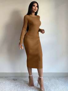 EURMUSE 女士纯色圆领长袖简约针织毛衣连衣裙，休闲日常穿着