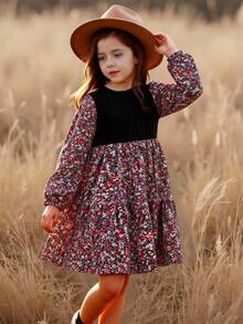 SHEIN Tween Girl Floral Print Round Neck Lantern Sleeve Ruffle Hem Dress, Autumn Winter,Party Wear, Daily Wear School Daily, Birthday