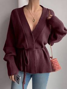 Livesso Women's Casual Solid Color Lace-Up Knit Loose Cardigan, Autumn/Winter - Burgundy - View 4