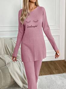 EURMUSE 女式休闲字母睫毛刺绣罗纹长袖上衣和裤子家居服套装 - 粉色 - 查看 5