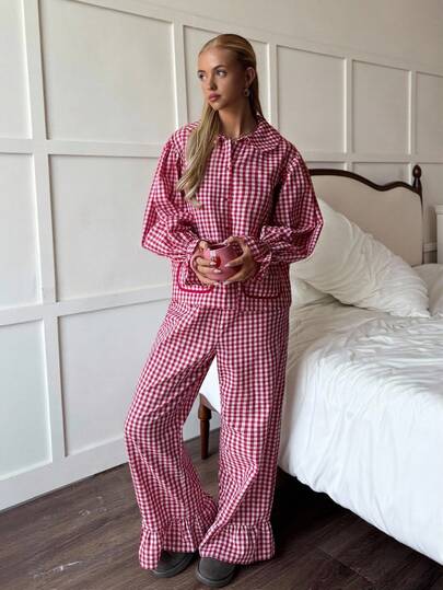 CovetEZ Women's Autumn And Winter Clothing For Home And Casual, Sweet And Clean Girl Christmas Pajamas, Christmas Clothes, Check Shirts, Plaid Light Pajamas, Plaid Shirts With Red Plaid Doll Collars, Ruffle Sleeves, Contrasting Pockets And Ruffled Plaid Trousers, Affordable Two-Piece Suits.