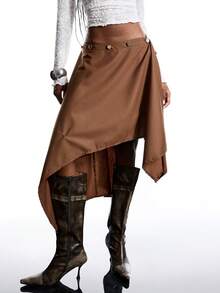 LYSMO Women's Chocolate Brown Autumn Chic Night Out Solid Color Asymmetric Loose Long Sleeve T-Shirt,Three Wearing Methods Neckline Retro Style Casual Top - Coffee Brown - View 9