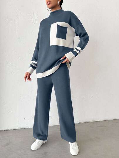 SHEIN 2pcs Women Contrast Color Crew Neck Long Sleeve Sweater Top And Pants Casual Knit Set